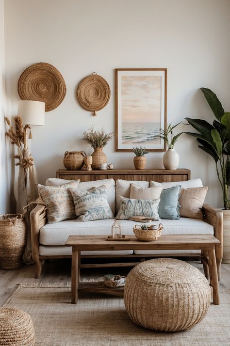 30 Boho Coastal Living Room Ideas: Transform Your Space with These Stylish Inspirations Beachy Modern Living Room, Coastal Home Decor Ideas, Coastal Living Rooms Ideas, Neutral House, Coastal Living Room Ideas, Coastal Living Rooms, Neutral Living Room, Coastal Living Room, The Bohemian