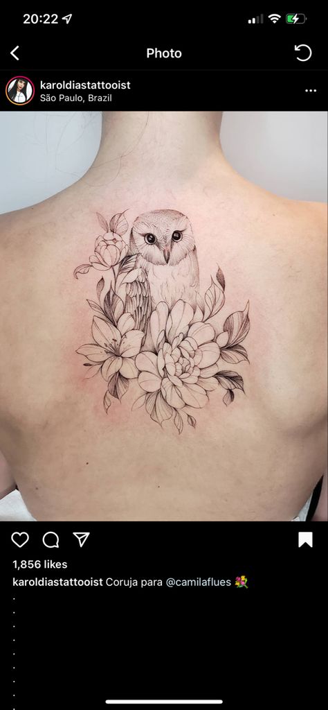 Owl And Lilly Tattoo, Owl With Lily Tattoo, White Owl Tattoo For Women, Tattoo Owl Woman, Female Owl Tattoo, Owl Fine Line Tattoo, Owl Tattoo Shoulder, Floral Owl Tattoo, Realistic Owl Tattoo For Women