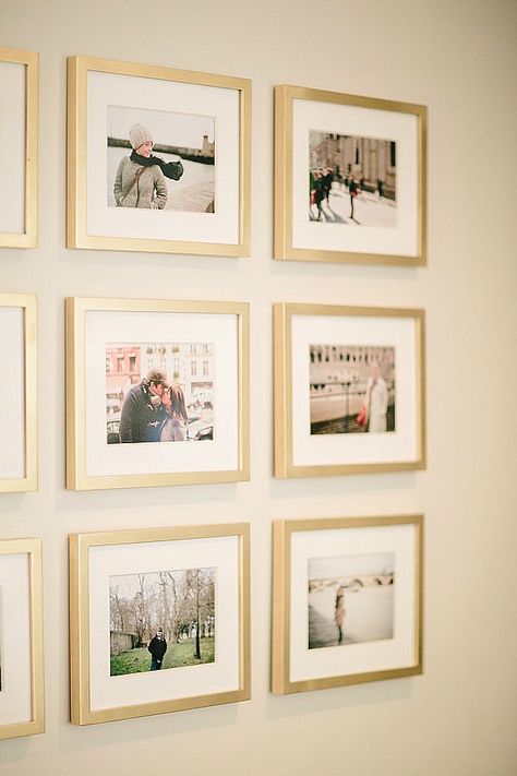 gallery wall grid with gold frames Wedding Photos Wall, Gallery Wall Grid, Wedding Photo Walls, Photos Wall, Gold Frames, Gallery Wall Decor, Travel Wall, Wall Gallery, Style At Home