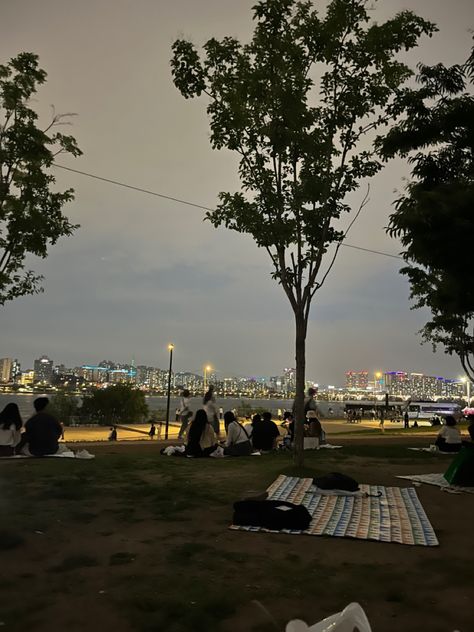 Han River evening date Seoul 한강 Life In South Korea, Han River Aesthetic Night, Life In Korea Aesthetic, Han River Aesthetic, Han River Night, Korea Han River, Han River Seoul, Life In Seoul, Life In Korea