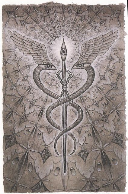 Alex Grey, "Caduceus" Alex Gray Art, Alex Grey, Medical Symbols, Esoteric Art, Psy Art, Art Ancien, Occult Art, Ancient Symbols, Visionary Art