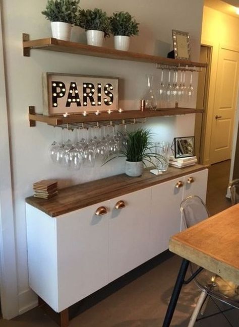 Kitchen Shelves Instead Of Cabinets Diy, Small Kitchen Bar, Ikea Built In, Kitchen Bar Design, Diy Home Bar, Coffee Bar Home, Home Bar Designs, Small Space Diy, Diy Bar