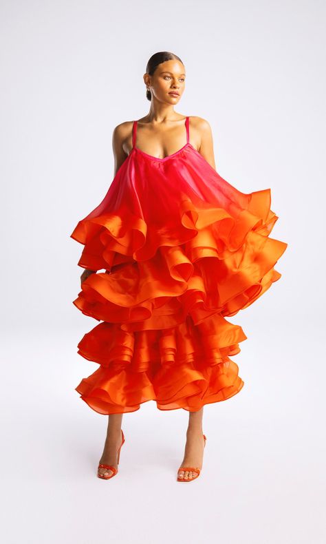 Hanifa Orange Dress, Pink Orange Dress, Ss22 Runway, Organza Midi Dress, Holographic Fashion, Spring Cocktail, Ruffle Gown, Gradient Print, Room Details