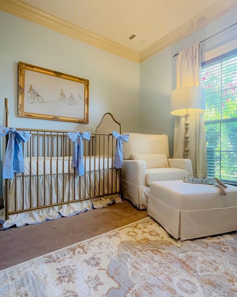 Nursery With Two Chairs, Good Crib Nursery, Vintage White Nursery, Non Gender Nursery, Charleston Theme Nursery, Nursery With Armoire, Blue Willow Nursery, Grand Millennial Style Nursery, Chinoiserie Chic Nursery