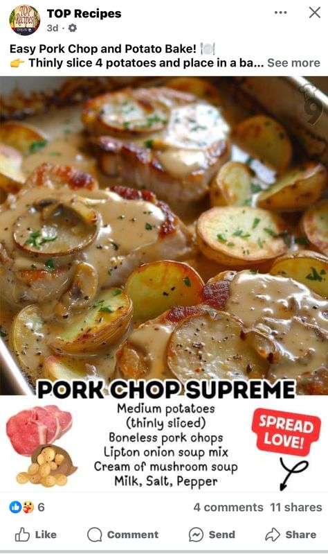 Pork Chop Supreme, Pork Chop Supreme Recipe, Cream Of Onion Soup, Pork Chops And Potatoes, Easy Pork Chops, Easy Family Recipes, Pork Chop Recipes Baked, Pork Chop Dinner, Pork Recipes Easy