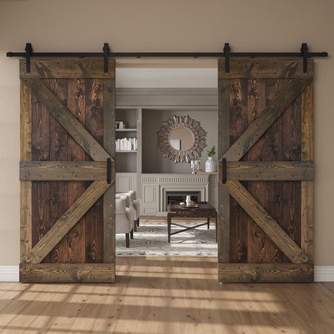 Description: COAST SEQUOIA fine-select premium pine wood sourced nationally from the North America. Each piece has unique and natural wood grain. Every single barn door is hand-stained to protects and reserves the beauty of the wood. Double Sliding Barn Door, Single Barn Door, Double Sliding Barn Doors, Wood Barn Door, Diy Barn, Barn Door Designs, Rustic Barn Door, Knotty Pine, Double Barn Doors