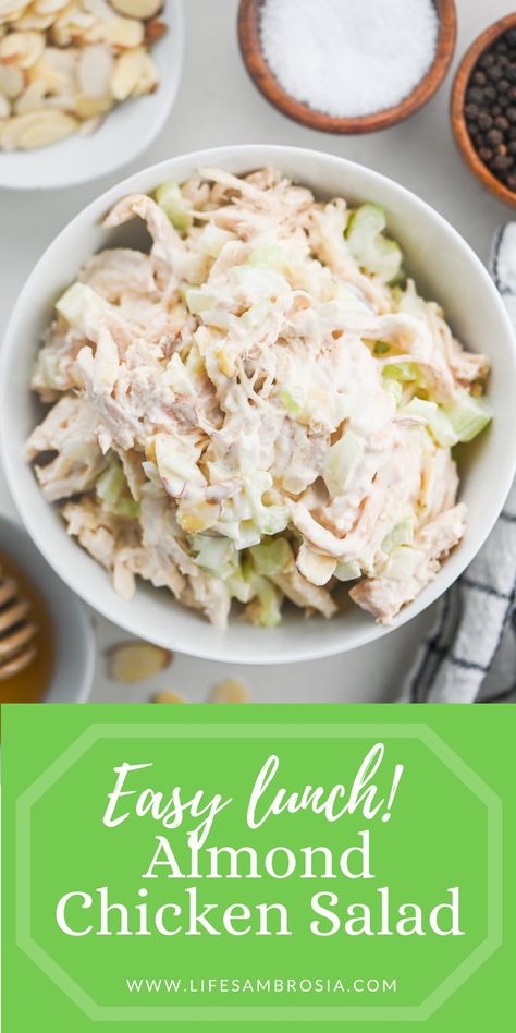 Almond Chicken Salad Recipe | Life's Ambrosia Chicken Melt Sandwich Recipes, Sarah Salad Recipe, Chicken Melt Sandwich, Chicken Salad Recipe With Almonds, Almond Chicken Salad, Chicken Salad With Pineapple, Almond Salad, Creamy Honey, Chicken Salad Sandwich Recipe