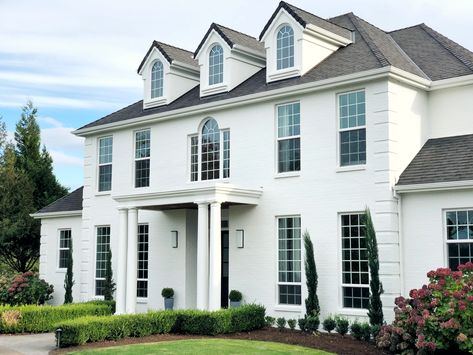 Painted white brick. Benjamin Moore, Chantilly Lace Simply White Benjamin Moore Exterior, White Colonial House Exterior, Colonial House Exterior Colors, Best White Exterior Paint Colors, Popular White Paint Colors, White Colonial House, White Benjamin Moore, Benjamin Moore Exterior Paint, White Exterior Paint Colors