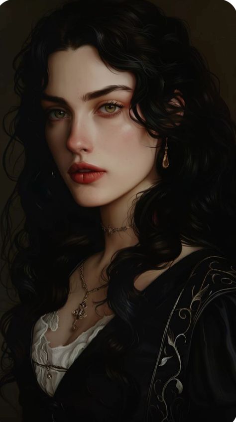 Vampire Look Aesthetic, Blind Female Character Art, 1920s Face Claim, Victorian Female Character Art, Vampire Character Inspiration, Dark Skin Red Hair Character Art, Darkness Personified, Dark Skinned Oc, Black Haired Woman Art