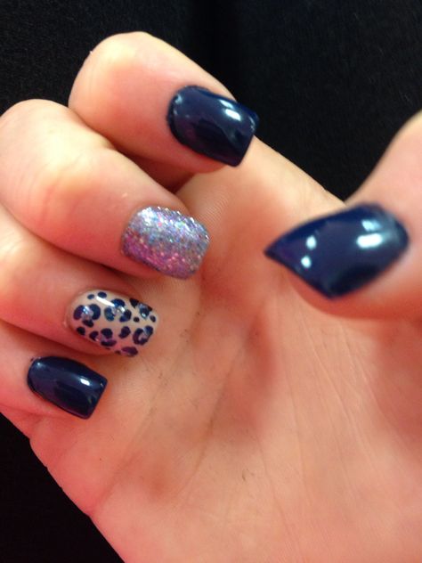 Went with navy blue cream and glitter added the cheetah print Navy Leopard Nails, Navy Leopard Print Nails, Royal Blue Leopard Nails, Blue Cheetah Nails, Blue Nails With Leopard Print, Blue Leapord Nails, Dark Blue Cheetah Nails, Emerald Nails, Navy Blue Nails