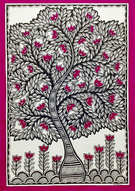 Kalpvriksha- The Tree Of Life 9 (Indian Madhubani Painting) by Pratibha Madan Preetkriti Madhubani Paintings Peacock, Zentangle Kunst, Tree Of Life Painting, Gond Painting, Kalamkari Painting, Art Premier, Art Ancien, Madhubani Art, Indian Folk Art