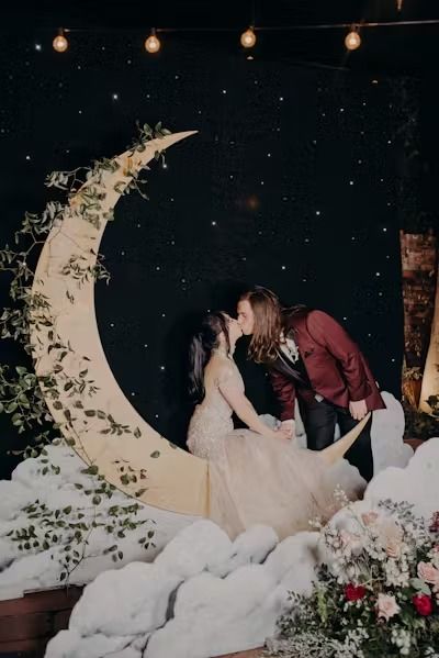 Moody and Romantic Wedding at Carondelet House in Los Angeles, California | Xoxo Weddings | PartySlate Moon Cutout Backdrop, Love You To The Moon And Back Wedding, Paper Moon Photo Booth, Moon Wedding Theme, Alternative Wedding Theme, Harp Music, House In Los Angeles, Baby Shower Venues, Outdoor Baby Shower