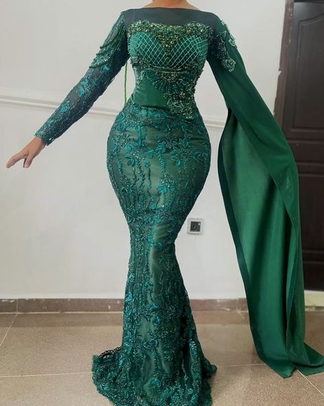 2022 Latest Styles: Asoebi Styles for Party Rockers. - Ladeey Aso Ebi Lace Styles Long Sleeve, Exaggerated Sleeves Asoebi, Latest Lace Gown Styles Aso Ebi 2024, Dinner Gowns Nigerian Long, Decent Asoebi Lace Styles, Green Lace Asoebi Styles, Atampa Styles, Elegant Asoebi Styles, Big Gowns