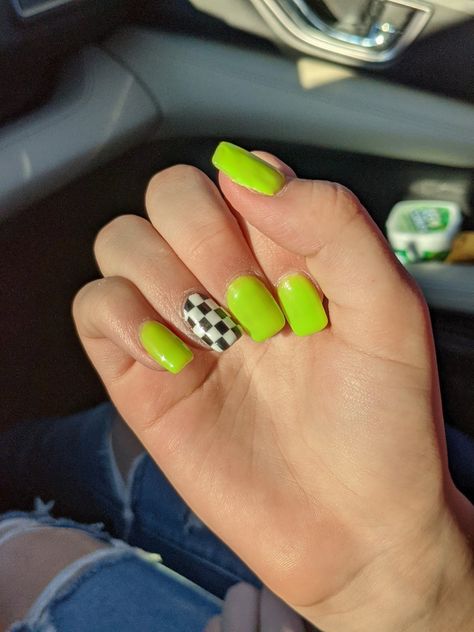 Lime Green Checkered Nails, Neon Green Checkered Nails, Green Checkered Nails, Nascar Nails, Nails Checkered, Racing Nails, Lime Green Nails, Checkered Nails, Neon Green Nails