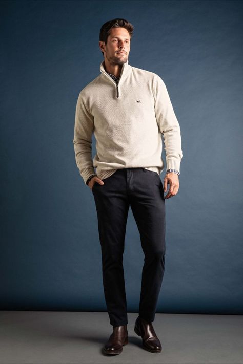 A quarter zip sweater, in a melange cotton. Combining the comfort and ease of cotton with a lightweight gauge ideal for layering over the colder months. Rodd And Gunn Men, Men Quarter Zip Sweater Outfit, Cool Business Casual Outfits, Mens Quarter Zip Sweater Outfit, Cool Business Casual, Quarter Zip Sweater Outfit, Quarter Zip Outfit Men, Mens Wedding Guest Outfit, Quarter Zip Outfit