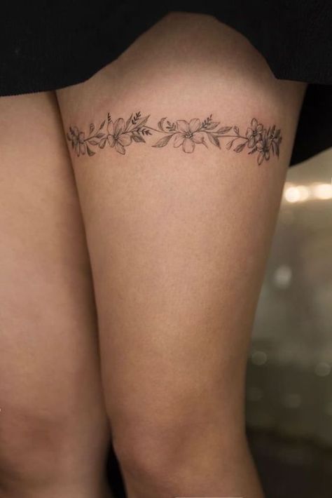 Thigh Tattoos Around Leg, Floral Leg Band Tattoo, Thigh Tattoos Dainty, Horizontal Thigh Tattoo, Upper Thigh Floral Tattoo, Dainty Gothic Tattoo, Dot Work Flower Tattoo, Thigh Ring Tattoo, Thigh Tattoos Women Floral