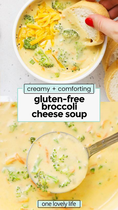 Craving comfort food? Our Gluten-Free Broccoli Cheese Soup recipe is calling your name! Thick, creamy, cheesy, and delicious. (Panera Copycat) / gluten free panera broccoli cheddar soup recipe / gluten free broccoli cheddar soup recipe / copycat panera broccoli cheese soup / easy broccoli cheese soup / creamy broccoli cheese soup / gluten free comfort food / gluten free soup recipes / creamy broccoli soup / cheddar broccoli soup Low Sodium Dairy Free Recipes, Gluten Free Broccoli Cheddar Soup, Broccoli Cheese Soup Panera, Easy Broccoli Cheese Soup, Broccoli Cheese Soup Recipe, Panera Copycat, Gluten Free Soup Recipes Glutenfree, Broccoli Cheddar Soup Recipe, Cheddar Broccoli