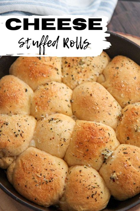 These cheese stuffed rolls are made with just a handful of ingredients and will blow your socks off! Made with crescent dough, cheese, butter, and garlic. Enjoy these for breakfast, lunch, or dinner. #cheesestuffedrolls #dinnerrolls Garlic Dinner Rolls, Rosemary Recipes, Garlic Rolls, Rosemary Bread, Rosemary Garlic, Dinner Rolls Recipe, Soups Stews, Monkey Bread, Challah