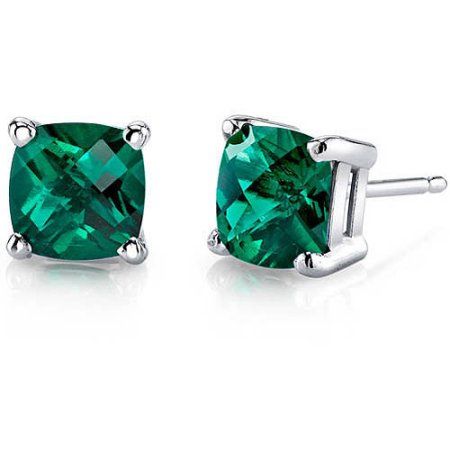 1.75 Carat Cushion-Cut Created Emerald 14kt White Gold Stud Earrings, Women's, Green Stamp Earrings, Emerald Stud Earrings, Earrings Cross, Earrings Star, White Gold Earrings Studs, Emerald Earrings Studs, White Gold Studs, Gold Cushions, White Gold Solitaire