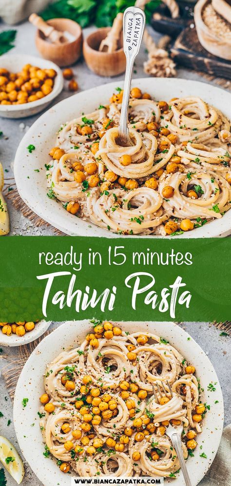 Creamy Tahini Pasta - Vegan & Easy This creamy tahini pasta sauce is a quick and easy 5-minute recipe that makes a great vegan and nut-free alternative to classic mac and cheese, spaghetti carbonara or fettuccine Alfredo, too! Serve with crunchy curry spiced chickpeas for a super simple lunch or dinner! Vegan Tahini Pasta, Mac And Cheese Spaghetti, Tahini Pasta Sauce, Enchiladas Sauce, Spaghetti Alfredo, Tahini Pasta, Recipes Spaghetti, Easy Homemade Pasta, Recipe Tomato