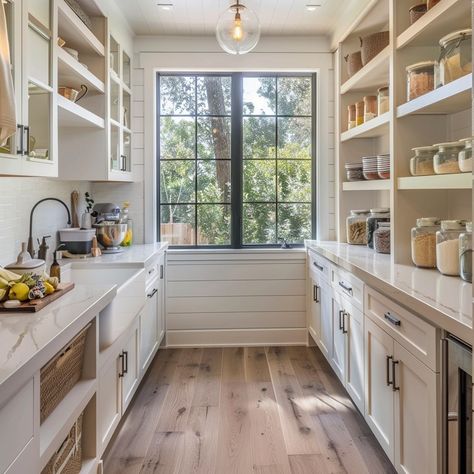 Beautiful Butlers Pantry, Pantry With A Sink, Butlers Pantry With Full Size Fridge, Walk In Pantry Ideas Layout With Fridge, Modern Farmhouse Butlers Pantry, Kitchen With Butlers Pantry Layout Floor Plans, Large Pantry Design, Scullery Ideas Layout, Modern Butlers Pantry