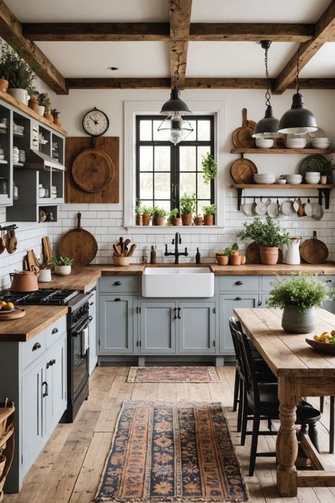 Rustic Boho Cottage Decor, Home Inspo Modern Farmhouse, Rustic Antique Kitchen, Home Renovation Ideas Kitchen, Cozy Modern Kitchen Ideas, Farmhouse Chic House, Interior Antique Modern, Modern Homestead Kitchen, Home Decor Inspiration Kitchen