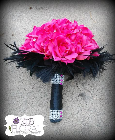 Hot Pink And Black Wedding Ideas, Hot Pink And Black Bouquet, Hot Pink And Black Corsage Prom, Hot Pink Prom Bouquet Ideas, Hot Pink Homecoming Flowers, Hot Pink Prom Flowers Bouquet, Hot Pink Prom Bouquet, Black And Pink Wedding Ideas, Hot Pink Wedding Bouquet