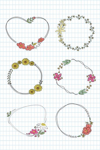 Flower Round Frame, Romantic Journal, Notes Idea, Flower Wreath Illustration, Wreath Vector, Free Doodles, Wreath Sunflower, Wreath Illustration, Embroidery Hoop Crafts