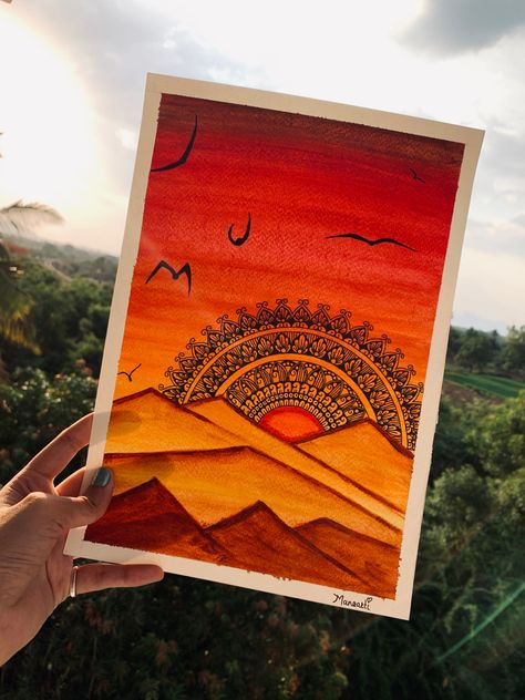 #sunset #aesthetic #mandala #diy #painting Scenery Mandala Art, Indian Aesthetic Painting, Mandala Landscape, Indian Folk Art Painting, Mandala Aesthetic, Mandela Drawing, Aesthetic Mandala Art, Sunset Mandala, 2024 Plan