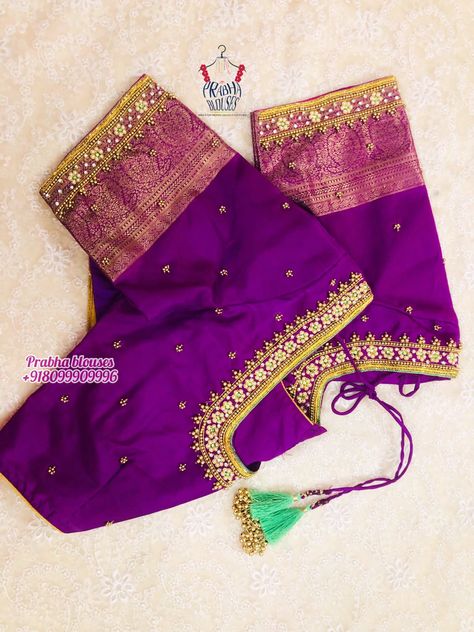 Violet Blouse Designs, Latest Simple Aari Work Blouse Designs With Price, Violet Blouse Designs For Saree, Kanjivaram Blouse Designs, Simple Aari Work Blouse Design For Pattu Saree, Work Blouse Hand Designs, Gold Blouse Designs, Birthday Frocks, Brocade Blouse Designs