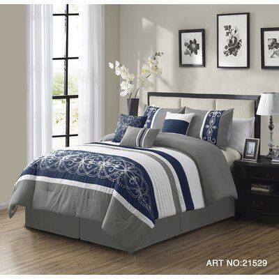 Royal Blue And Silver Bedroom Ideas, Blue And Grey Bedroom, Calming Bedroom Colors, Dark Blue Bedrooms, Best Bedroom Colors, Bedroom Color Combination, Bed Comforter, Grey Comforter Sets, Grey Comforter