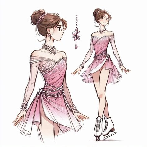 Ice Skating Outfit Dress, Ice Skating Design, Leotard Outfit Drawing, Ballet Outfit Drawing, Figure Skating Sketch, Ballet Dress Drawing, Figure Skating Dresses Drawing, Ice Skating Drawing Reference, Figure Skater Drawing