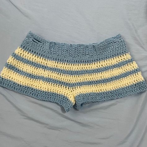 Handmade aesthetic crochet summer micro shorts project blue and white cream Crochet Shorts Aesthetic, Crochet Micro Shorts, Handmade Aesthetic, Micro Shorts, Crochet Idea, Knit Ideas, Aesthetic Crochet, Making Stuff, Crochet Clothing And Accessories