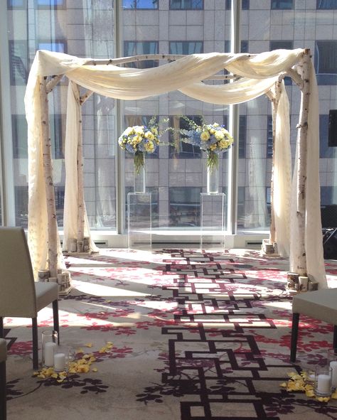 Birch chuppah with soft off-white drapes @Shangri-La Hotel Toronto by www.chuppah.ca Chuppah Drapery, Draped Chuppah, Simple Chuppah, Wedding Arbor Decorations, Birch Chuppah, Chuppah Ideas, Basic Wedding, Wedding Chuppah, Calla Lily Wedding