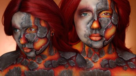 Fire Makeup Tutorial, Fire Make Up Halloween, Fire Face Paint, Fire Elemental Makeup, Fire Theme Makeup, Fire Elf Makeup, Flame Eye Makeup Fire, Burn Makeup, Phoenix Makeup