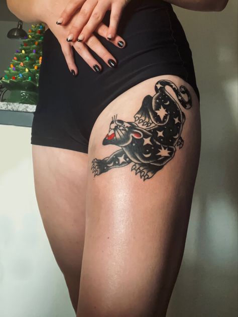 Edgy Sibling Tattoos, Traditional Style Horror Tattoo, Trad Pinup Tattoo, Thigh Tattoo American Traditional, Traditional Tattoos Panther, Classic American Tattoos, Traditional Forearm Tattoo, Dark Traditional Tattoo, Traditional Thigh Tattoo