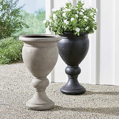 Driveway Planters, Front Porch Planter Ideas, Landscape Planters, Porch Planter Ideas, Stone Pedestal, Black Mondo Grass, Pedestal Planter, Front Porch Planters, Plants Interior