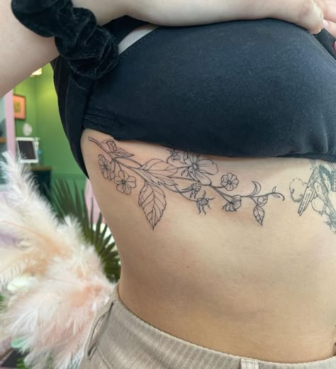 Strawberry Chest Tattoo, Strawberry Vine Tattoos, Wild Strawberries Tattoo, Strawberry Branch Tattoo, Strawberry Flower Tattoo, Wild Strawberry Tattoo, Underboob Flower Tattoo, Strawberry Vine Tattoo, Floral Rib Tattoo