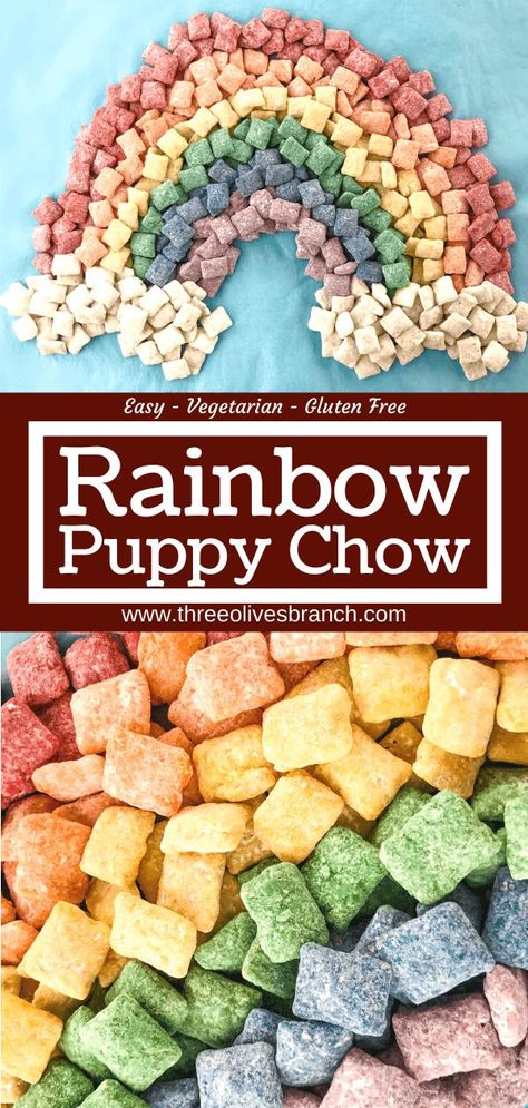 Colorful Dessert Recipes, Puppy Chow Snack Mix Recipe, Unicorn Rainbow Party, Puppy Chow Recipe, Rainbow Snacks, Chow Recipe, Puppy Chow Recipes, Jelly Cookies, Chow Chow Puppy