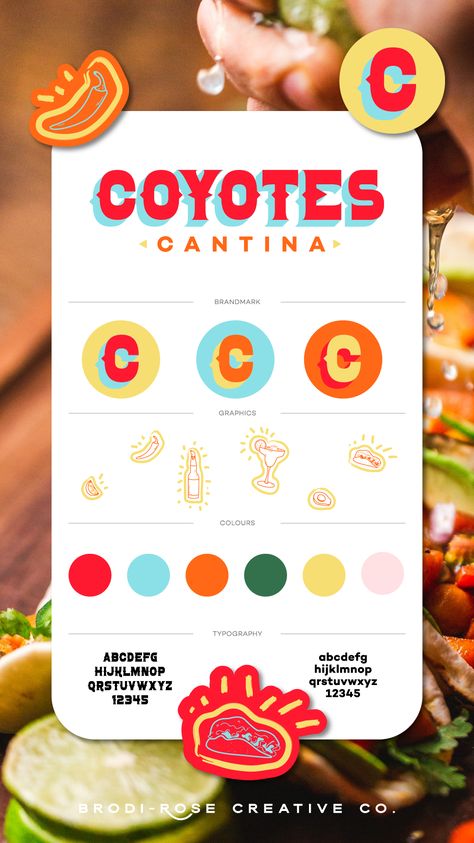 Hospitality, Food & Restaurants | Brodi-Rose Creative Co Postcard Design Business, Funky Restaurant, Mexican Color Palette, Food Colors Palette, Restaurant Branding Identity, Design Style Guide, Mexican Graphic Design, Restaurant Brand Identity, Mexican Colors