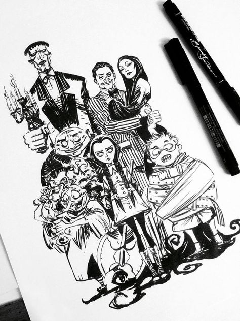 http://edufrancisco.deviantart.com/art/The-Addams-Family-584397548 Addams Family Tattoo, Mini Tela, Familia Addams, Addams Familie, Gomez And Morticia, Adams Family, Family Drawing, The Addams Family, Family Coloring