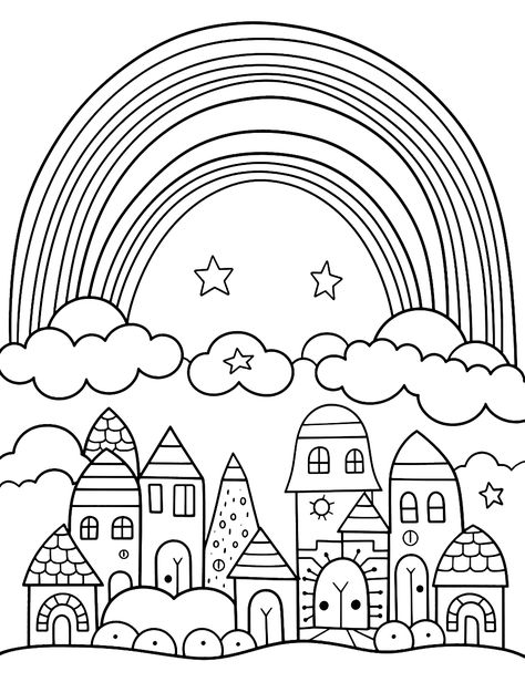 Rainbow-Bridged Town: An easy-to-color, cute town connected by a rainbow bridge. (Free Printable Coloring Page for Kids) Rainbow Drawing For Kids, Rainbow Coloring Pages Free Printable, Mandala For Kids, Rainbow Coloring Page, April Preschool, Cute Town, Pikachu Coloring Page, Rainbow Drawing, New Year Coloring Pages