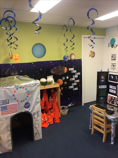 NASA space theme dramatic play center Nasa Dramatic Play, Preschool Dramatic Play, Space Theme Classroom, Space Play, Space Preschool, Dramatic Play Center, Space Classroom, Dramatic Play Area, Classroom Centers