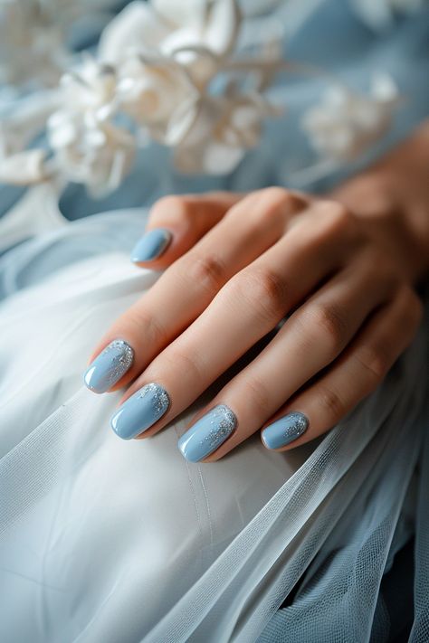 Not sure what to do with your nails on your big day? Why not check out this collection of 22 truly stunning light blue wedding nails? Wedding Blue Nails For Bride, Dusty Blue Manicure, Wedding Nails Design Blue, Wedding Nails For Bride Dusty Blue, Dusty Blue Wedding Nails Bridesmaid, Dusty Blue Nails Wedding, Blue Nails Wedding, Light Blue Wedding Nails, Blue Wedding Nail Designs