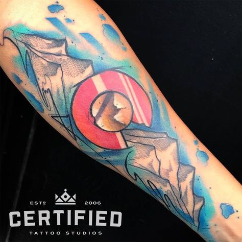 Abstract Compass Tattoo, Colorado Flag Tattoo, Colorado Tattoos, Archery Tattoo, Watercolor Butterfly Tattoo, Watercolor Tattoo Artists, Colorado Tattoo, Tattoo Artists Near Me, Cool Shoulder Tattoos