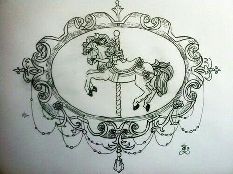 Vintage carousel tattoo Carousel Horse Tattoos, Carousel Tattoo, Tattoo Lower Back, Circus Tattoo, Tattoo Horse, Horse Tattoo Design, Framed Tattoo, Spooky Tattoos, Horse Illustration