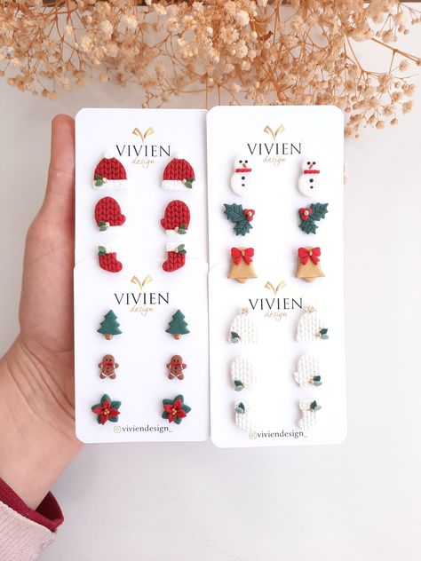 Christmas Earrings Studs, Poinsettia Clay Earrings, Winter Clay Earrings, Holiday Clay Earrings, Mistletoe Earrings, Christmas Polymer Clay Earrings, Holiday Jewelry Ideas, Clay Christmas Earrings, Stud Clay Earrings