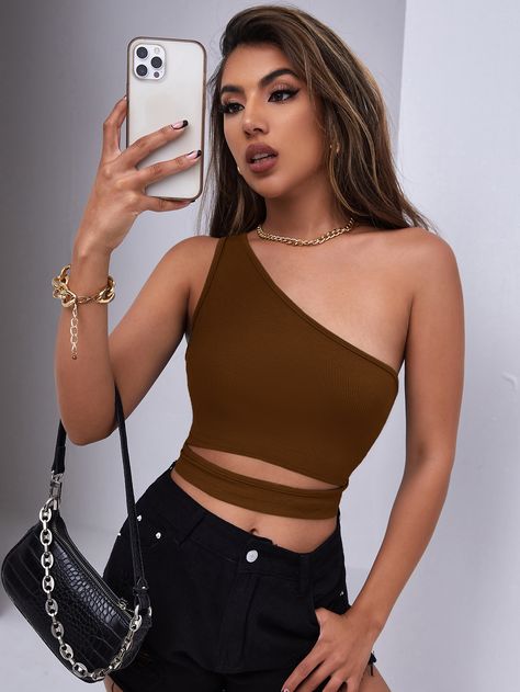 Crop Top Elegante, Ribbed Crop Top, Crop Top Outfits, Cropped Tops, Shoulder Cut, Cropped Tube Top, Coffee Brown, Shoulder Crop Top, One Shoulder Tops