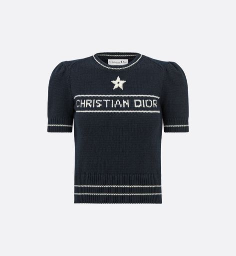 'CHRISTIAN DIOR' Short-Sleeved Sweater Navy Blue Cashmere and Wool Knit | DIOR Dior Sweater, Denim Swimsuit, Dior Star, Sweater Navy Blue, Christian Dior Couture, Dior Couture, Lucky Star, Tshirt Skirt, Mid Length Skirts