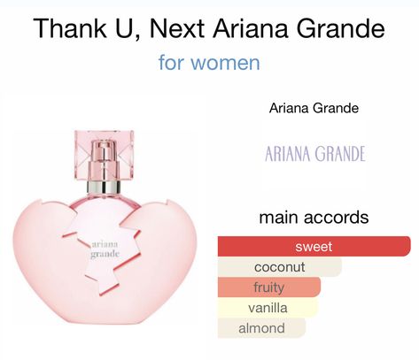 Thank U, Next - Ariana Grande Fragrantica Profile. Not for everyday but very nice to leave on clothes Thank U Next Perfume, Next Perfume, Ariana Grande Thank U Next, Ariana Perfume, Ariana Grande Perfume, Thank U Next, Fragrances Perfume Woman, Perfume Collection Fragrance, Shower Skin Care